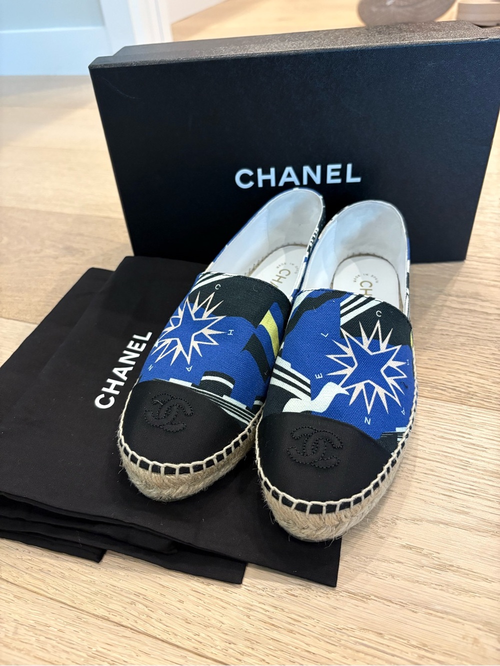 CHANEL Blue and Black Compass-Print Espadrille Flats